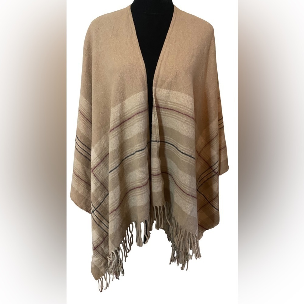 Cristina Chiti Made in Italy Poncho/ Cape with fringe and tan, cream, red stripe